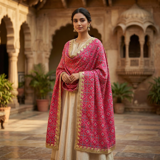 Fuchsia Bandhani Dupatta With Gota Border