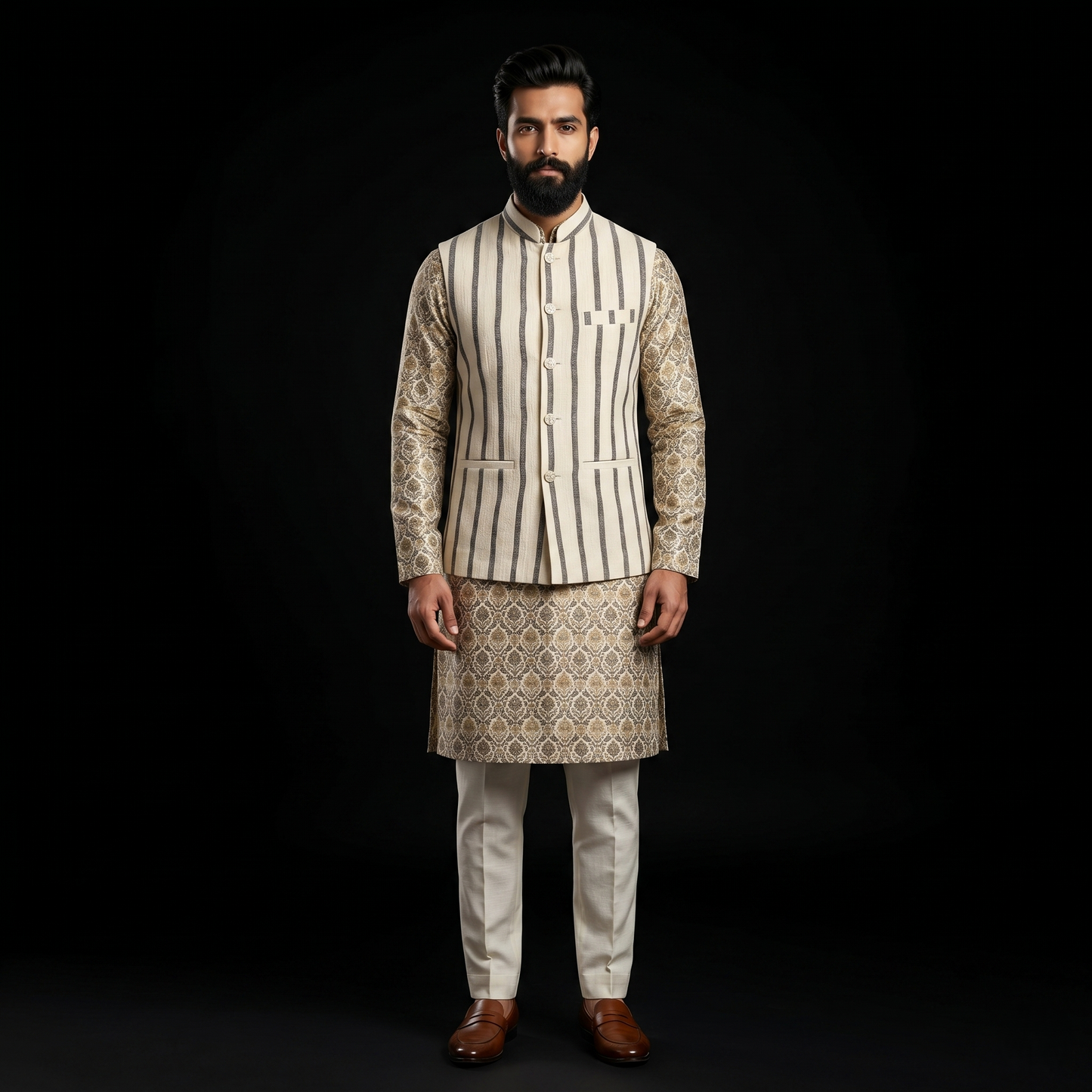 Handloomed Ivory and Charcoal Striped Waistcoat