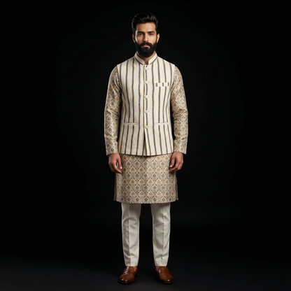 Handloomed Ivory and Charcoal Striped Waistcoat