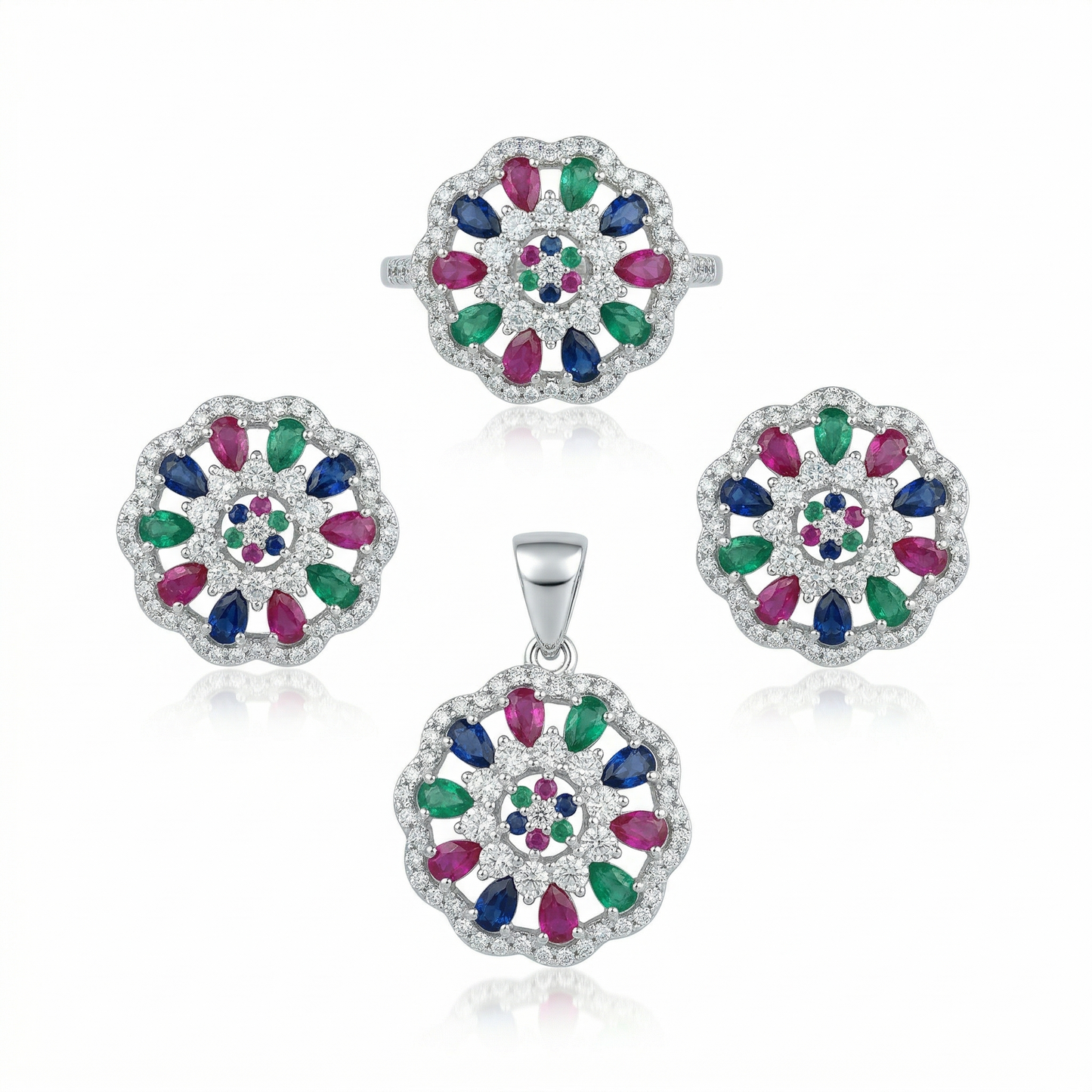 Exquisite Floral Multi-Gem Silver Pendant Set