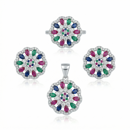 Exquisite Floral Multi-Gem Silver Pendant Set