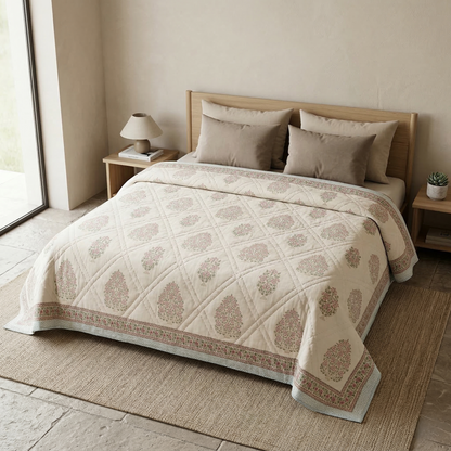 Artisanal Floral Block Print Quilted Coverlet