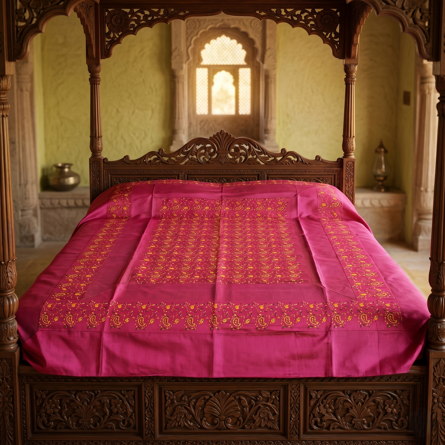 Royal Maroon Silk Buta Embroidered Bedcover