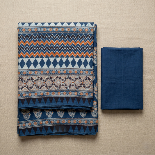 Indigo Hand Blocked Ajrakh Cotton Saree