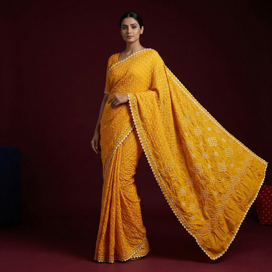 Vibrant Yellow Bandhani Silk Occasion Saree