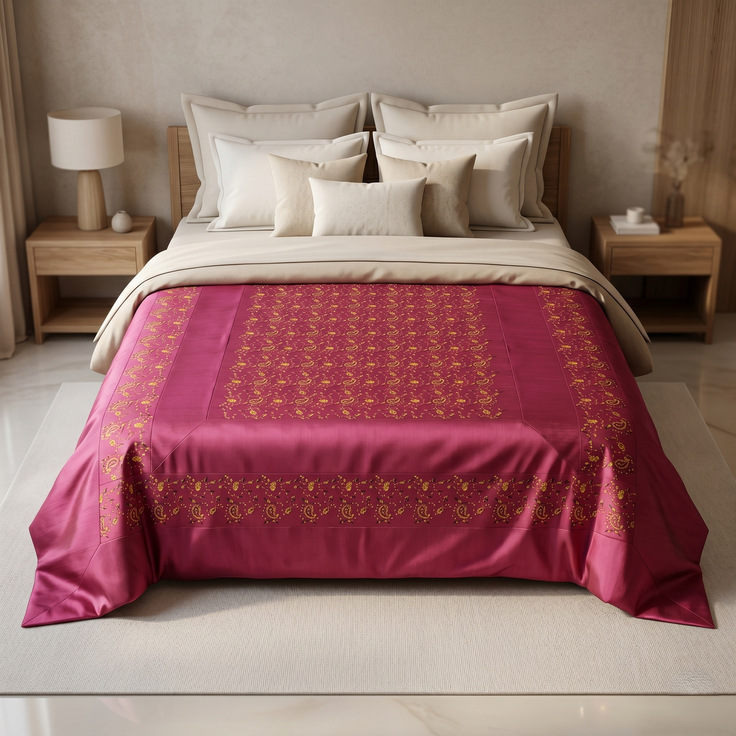 Royal Maroon Silk Buta Embroidered Bedcover