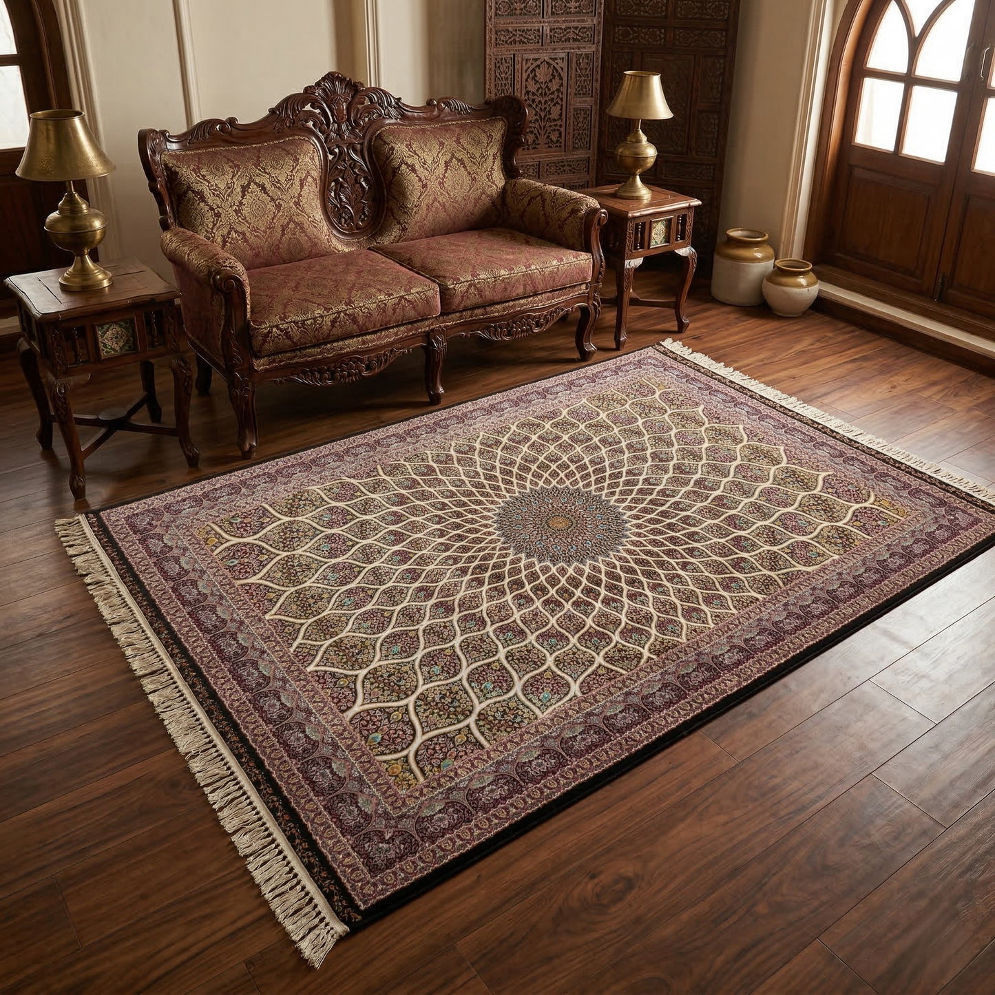 Ornate Persian Medallion Hand Knotted Silk Rug
