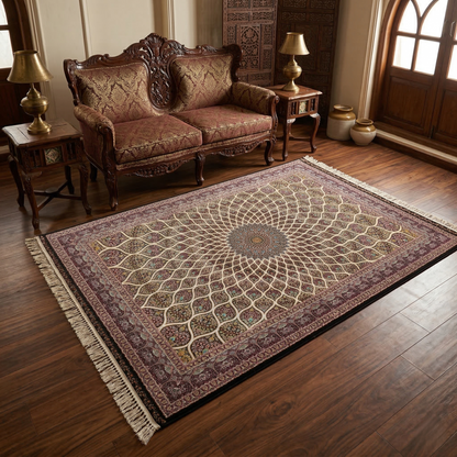 Ornate Persian Medallion Hand Knotted Silk Rug