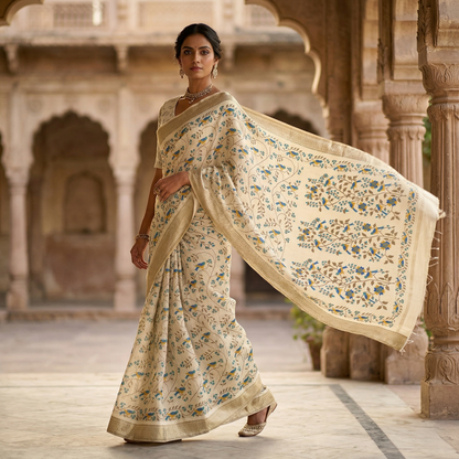 Floral Bird Motif Silver Zari Saree