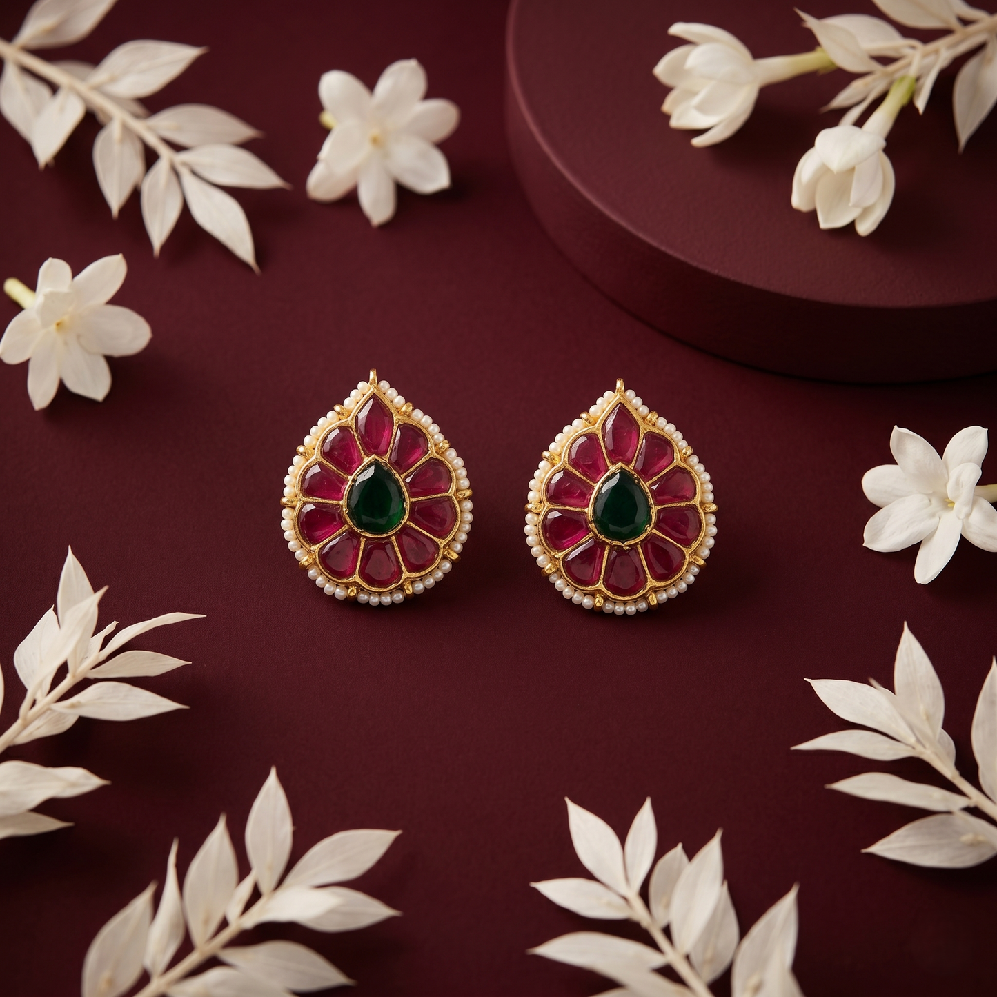 Floral Ruby Emerald Gold Plated Studs
