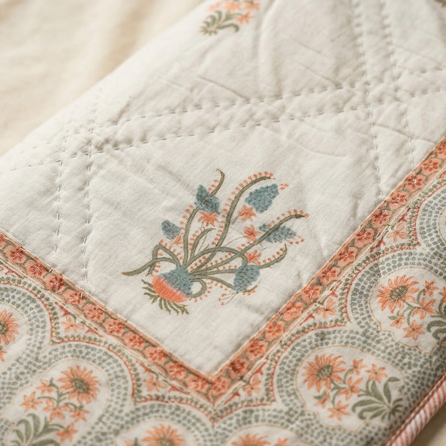 Hand Block Floral Cotton Coverlet Quilt