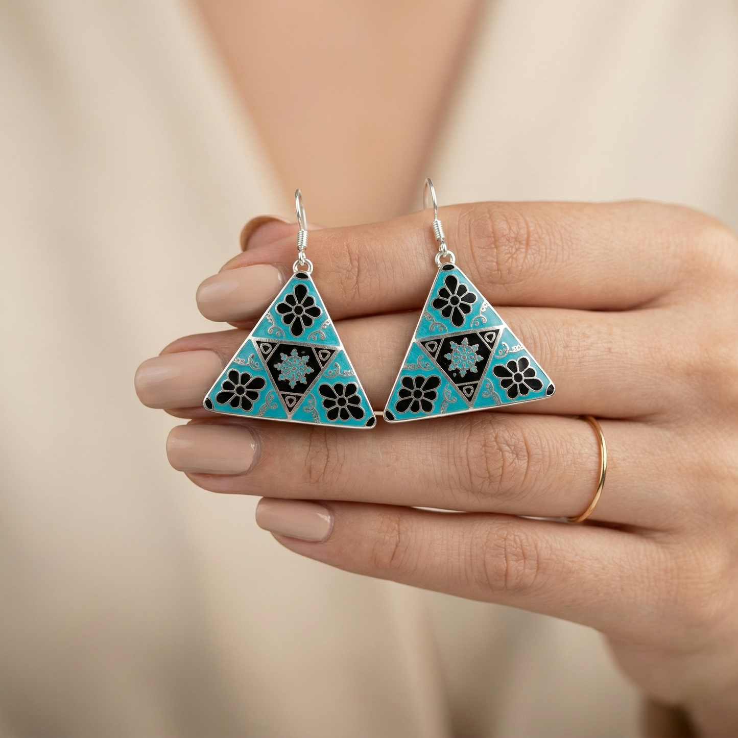 Turquoise Floral Triangle Silver Drop Earrings