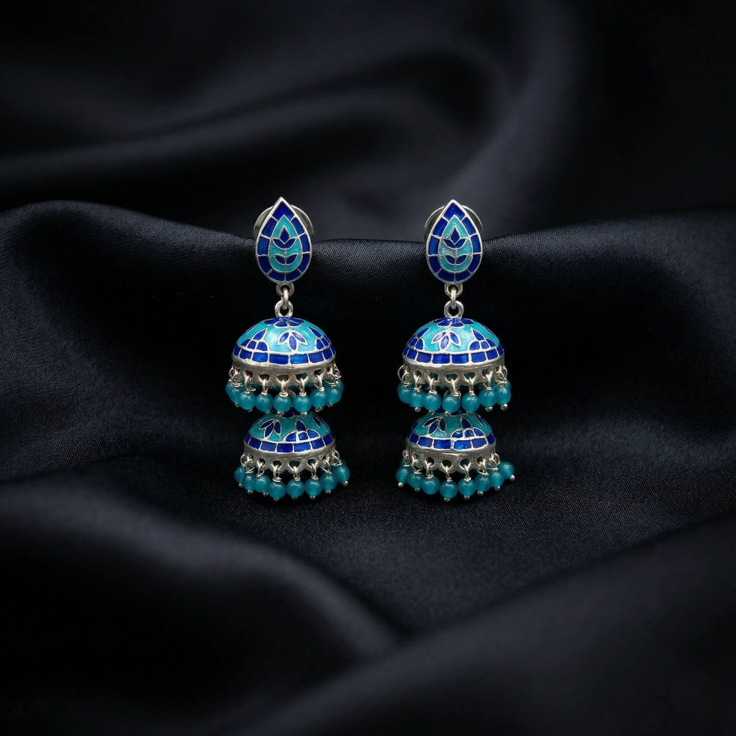 Ocean Azure Double-Tiered Silver Jhumkas