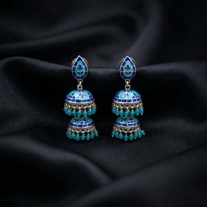 Ocean Azure Double-Tiered Silver Jhumkas