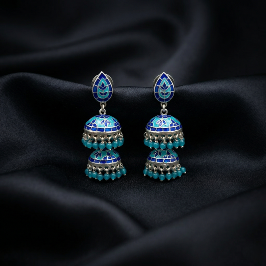 Ocean Azure Double-Tiered Silver Jhumkas