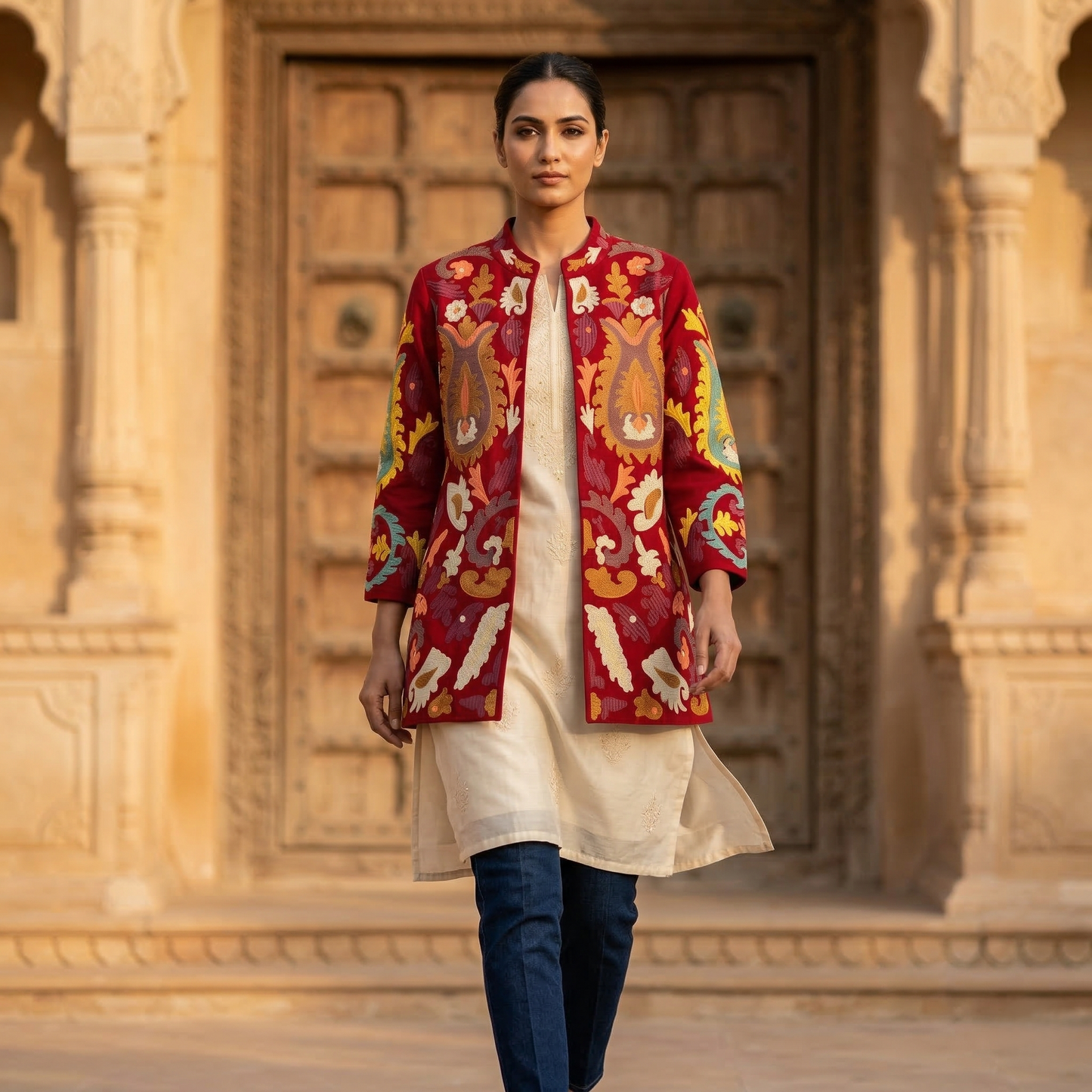 Crimson Heritage Hand-Embroidered Silk Artisan Jacket
