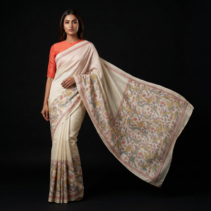 Elegant Off-White Madhubani Art Saree