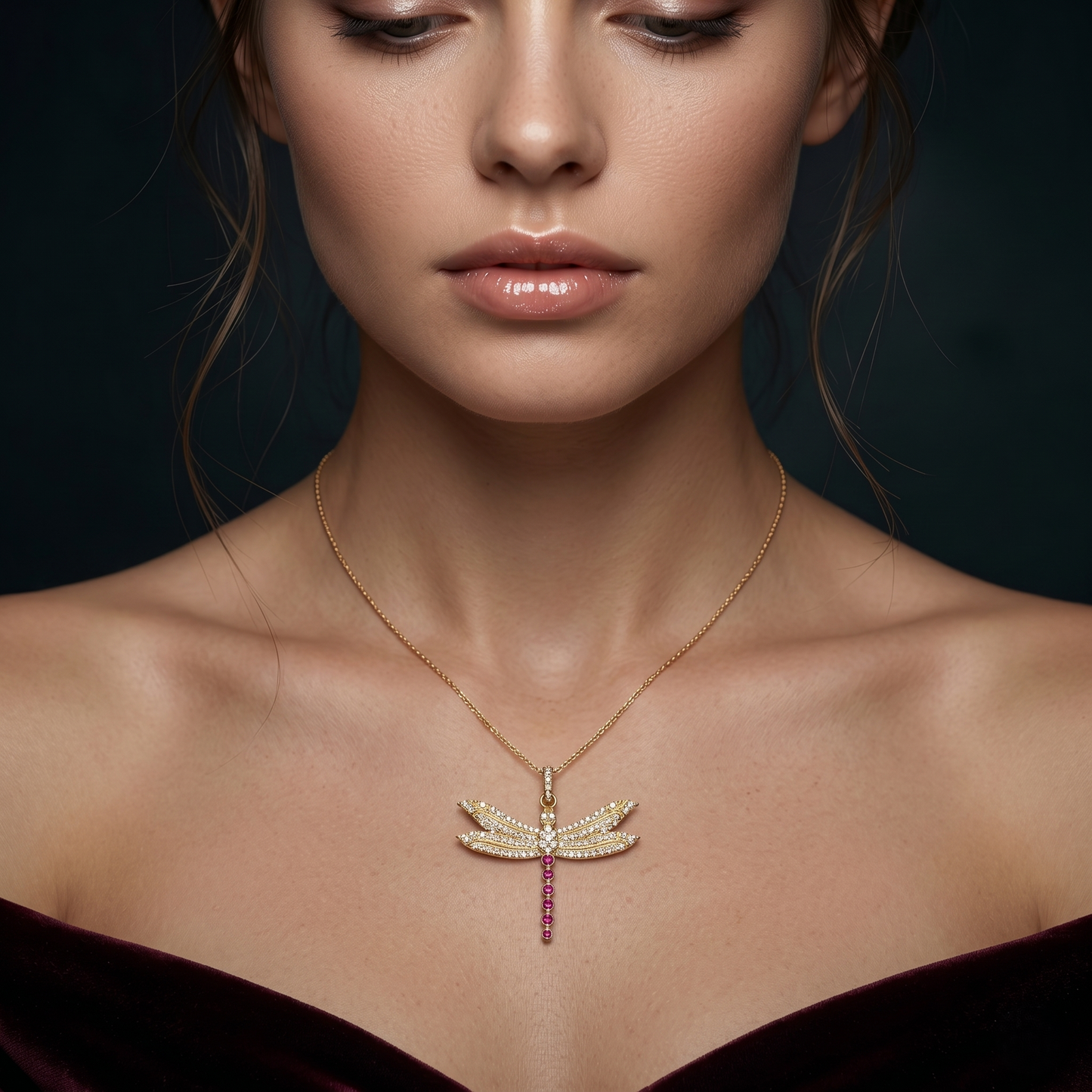 Elegant Dragonfly Silver Ruby Pendant