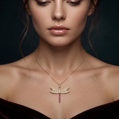 Elegant Dragonfly Silver Ruby Pendant