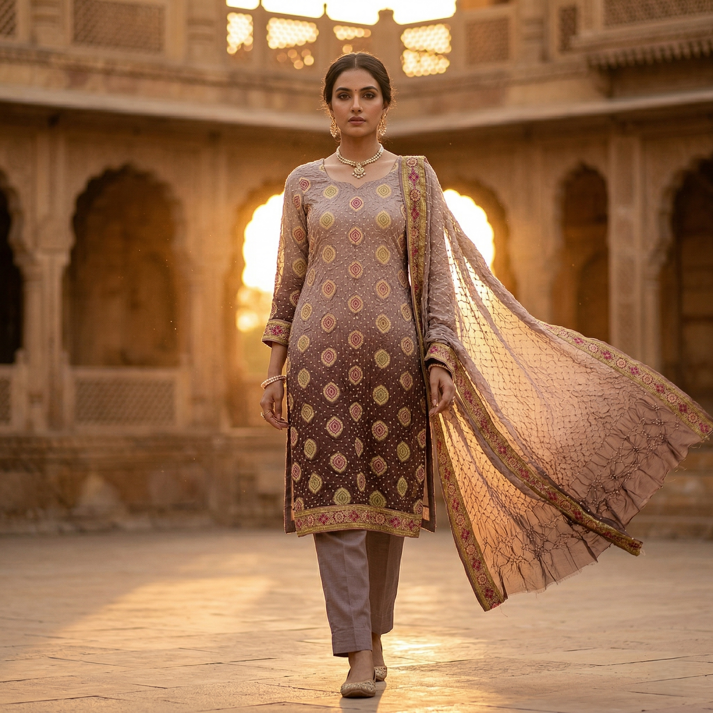 Elegant Mauve Ombre Bandhani Unstitched Suit