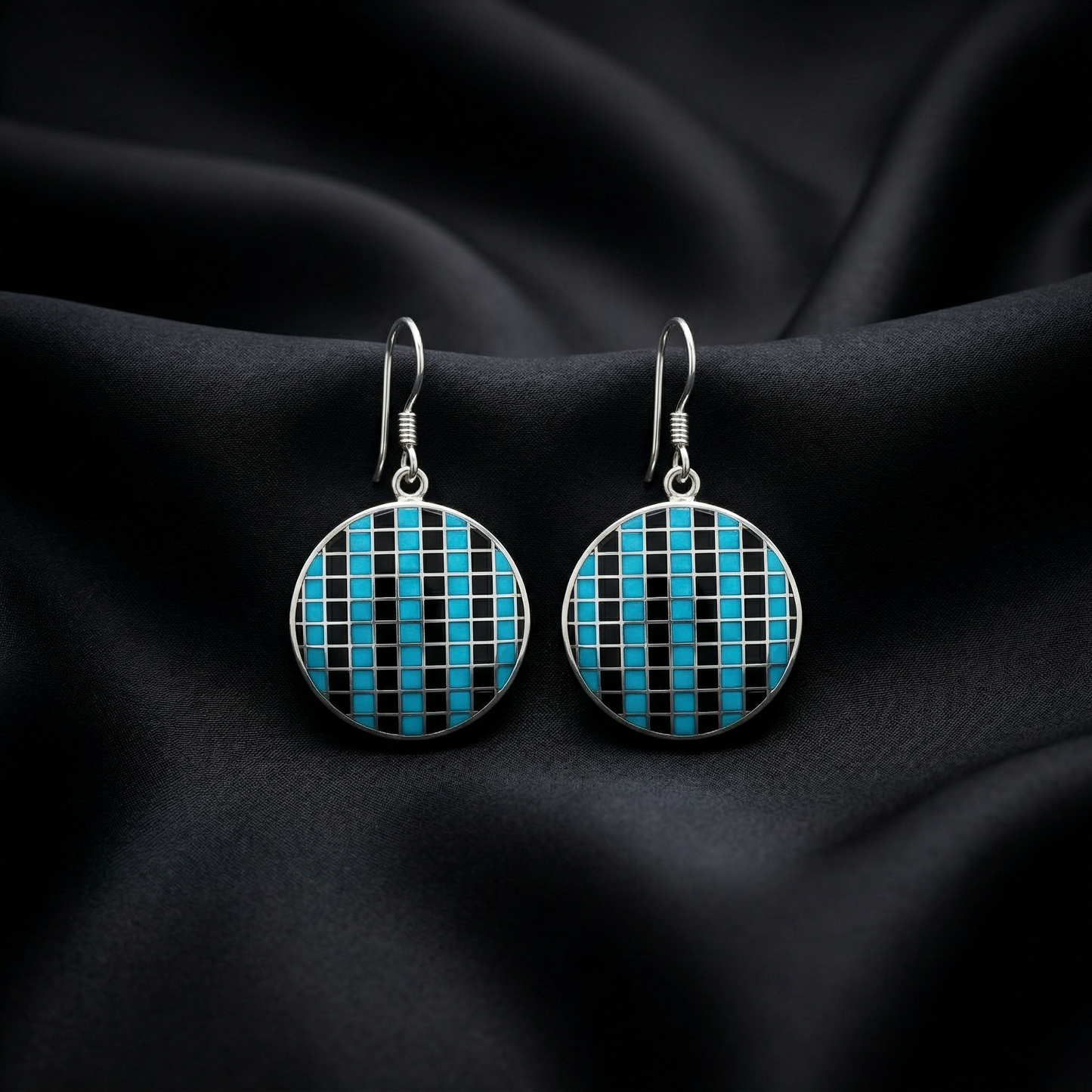 Midnight Mosaic Turquoise Silver Drop Earrings
