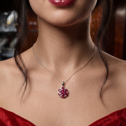 Exquisite Floral Ruby Silver Pendant Set