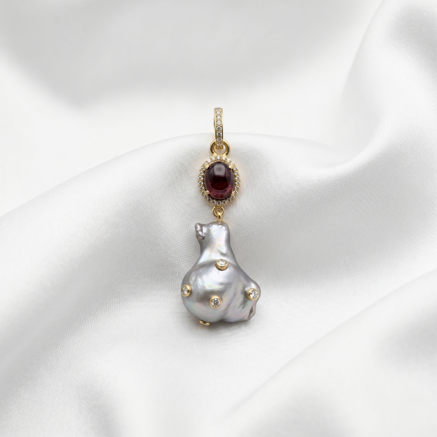 Elegant Ruby and Baroque Pearl Pendant
