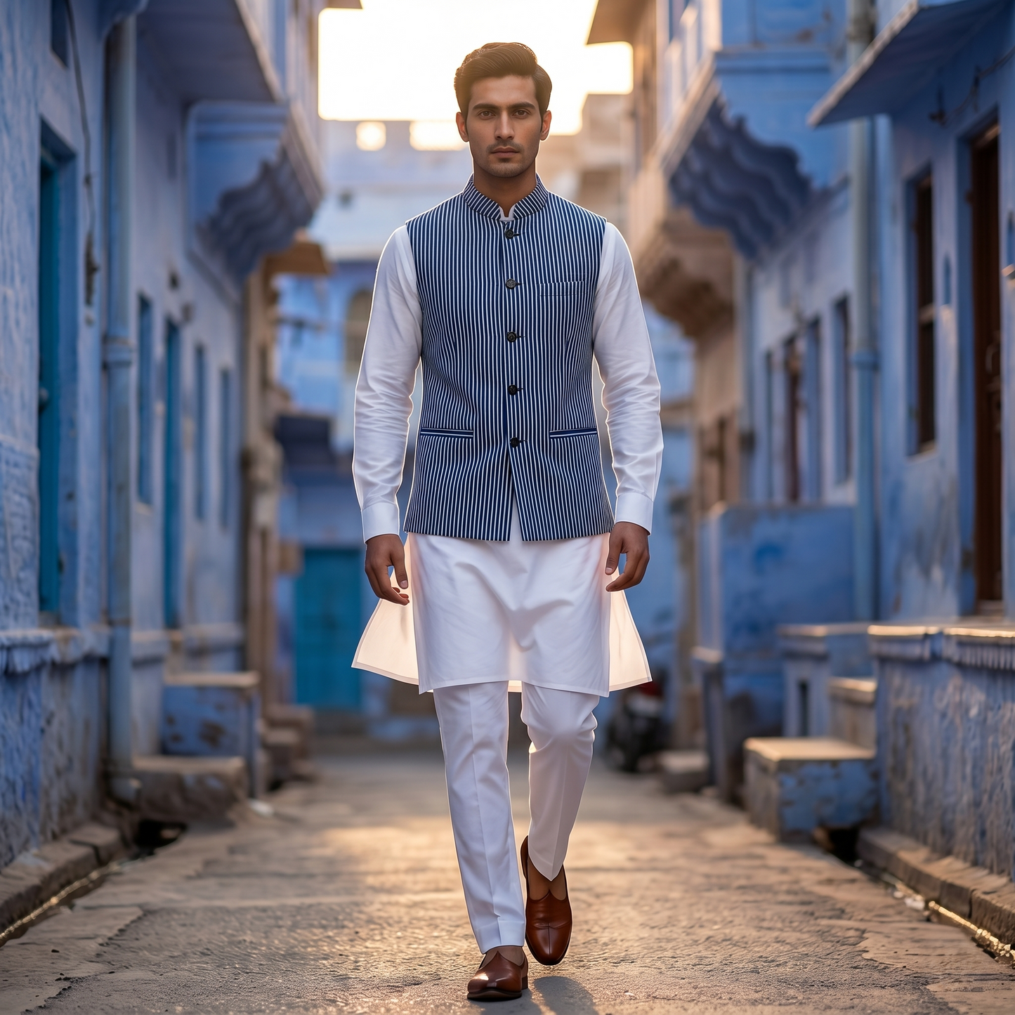 Indigo Pinstripe Silk Heritage Nehru Jacket