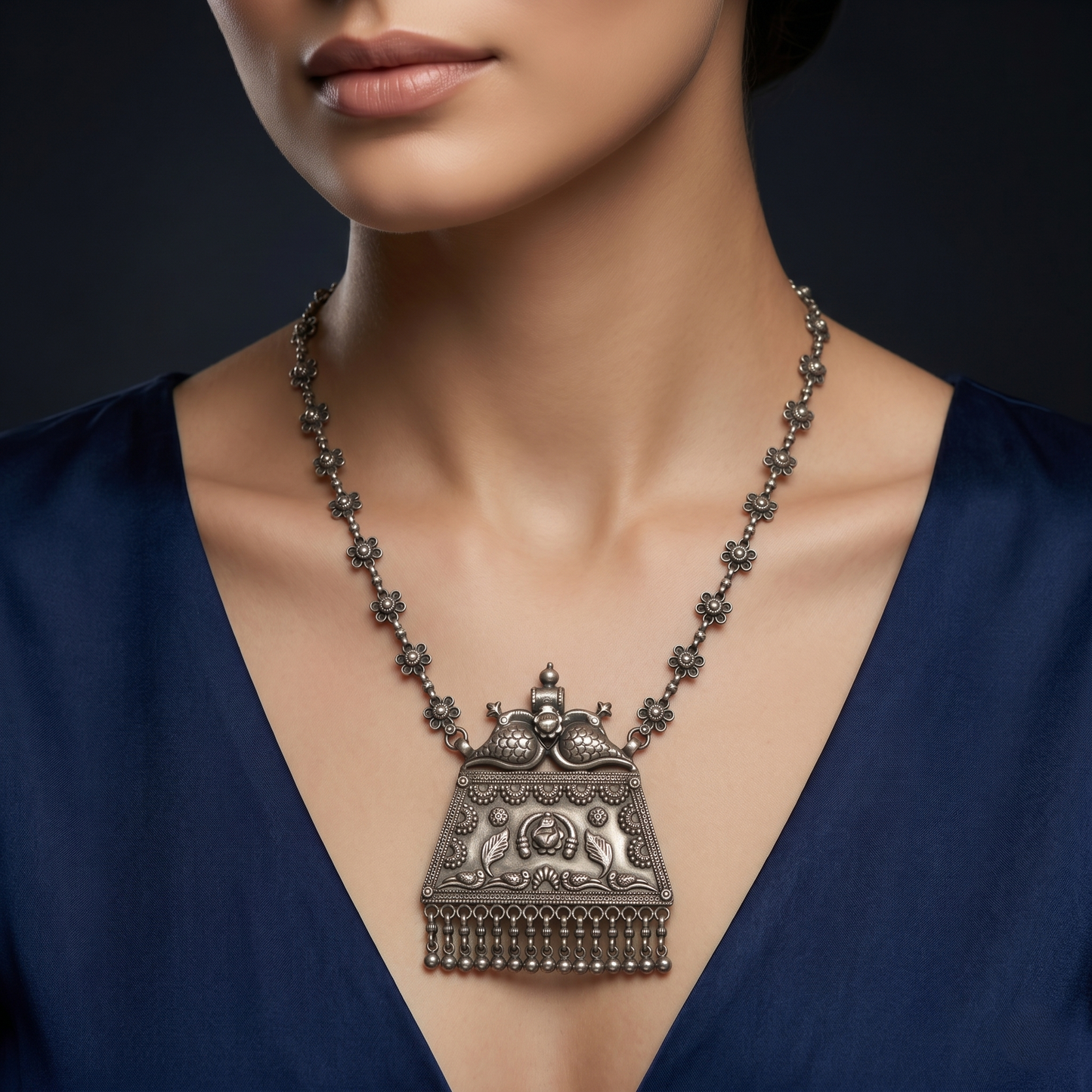 Intricate Floral Silver Necklace With Pendant