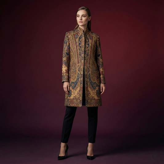 Intricate Paisley Mandarin Stand Collar Coat