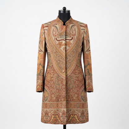 Ornate Earth Tone Paisley Jacquard Long Coat
