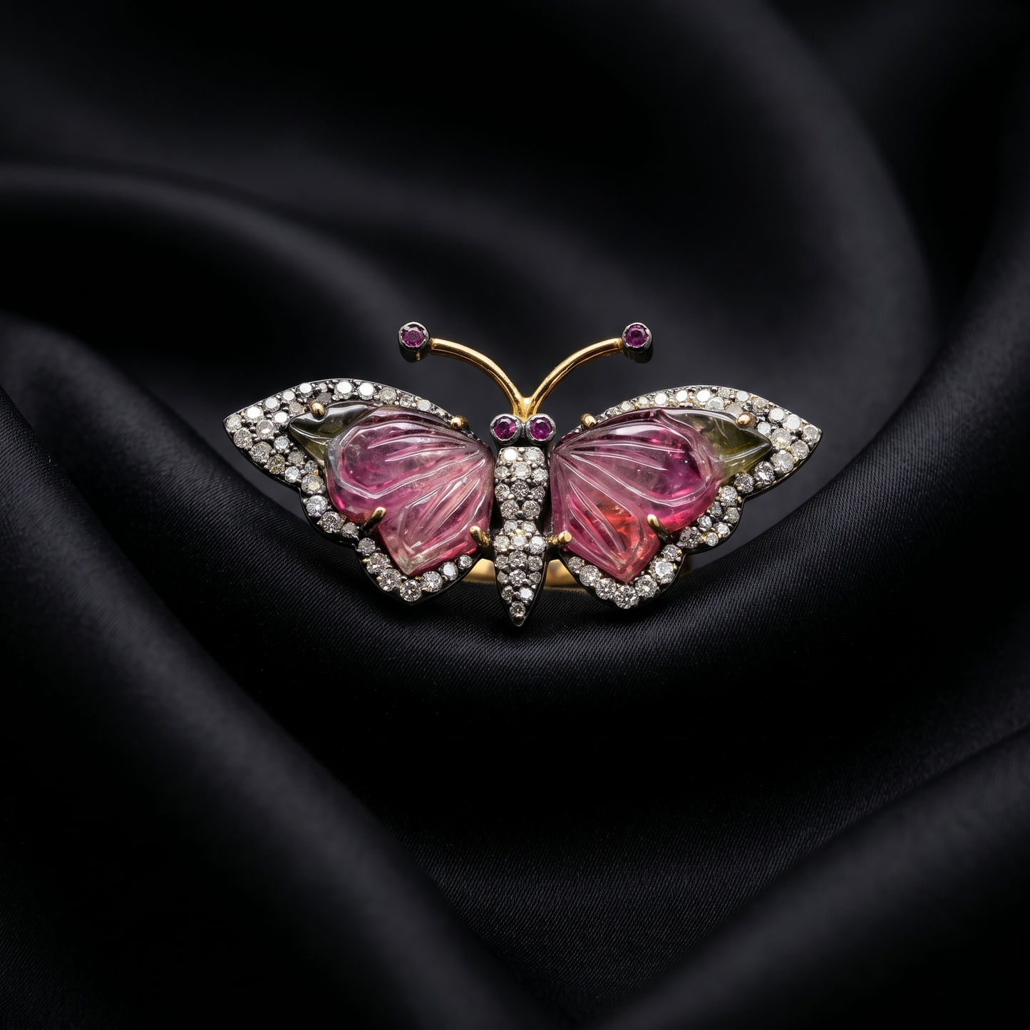 Luxury Butterfly Carved Tourmaline Gold Ring