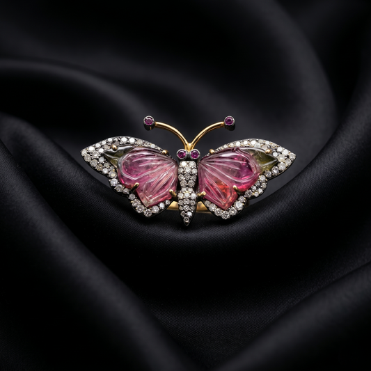 Luxury Butterfly Carved Tourmaline Gold Ring