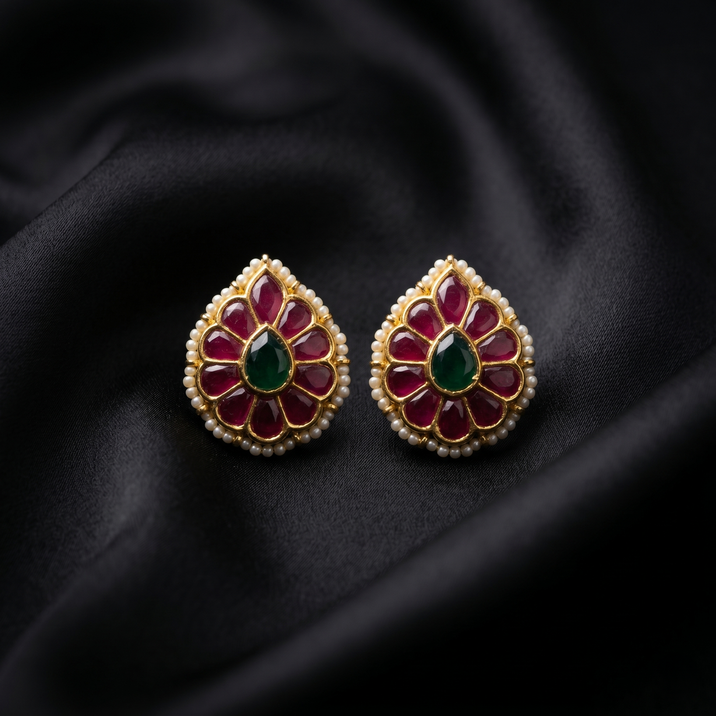 Floral Ruby Emerald Gold Plated Studs