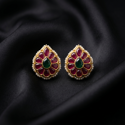 Floral Ruby Emerald Gold Plated Studs
