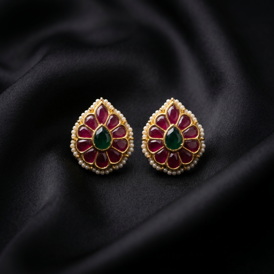 Floral Ruby Emerald Gold Plated Studs