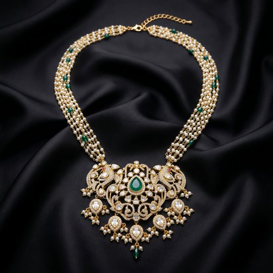Ornate Emerald and Pearl Statement Necklace
