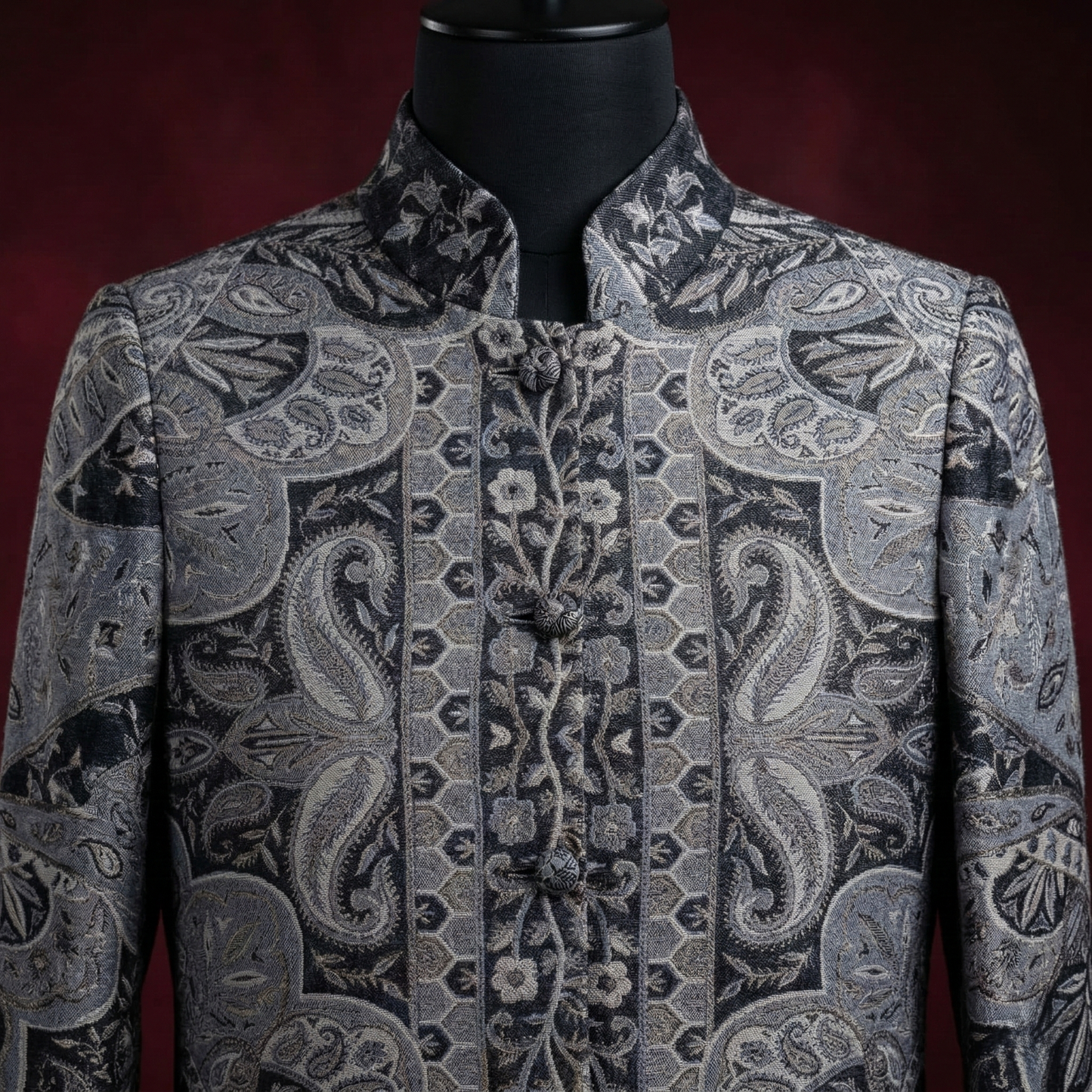 Paisley Jacquard Mandarin Collar Long Coat