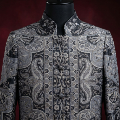 Paisley Jacquard Mandarin Collar Long Coat