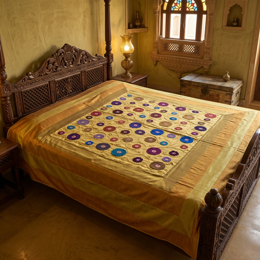 Luxury Floral Hand Embroidered Silk Bedcover