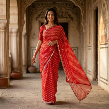 Crimson Leheriya Saree with Gota Work