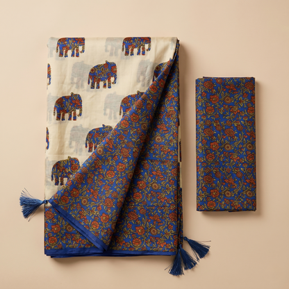Elephants and Ajrakh Off-White Saree