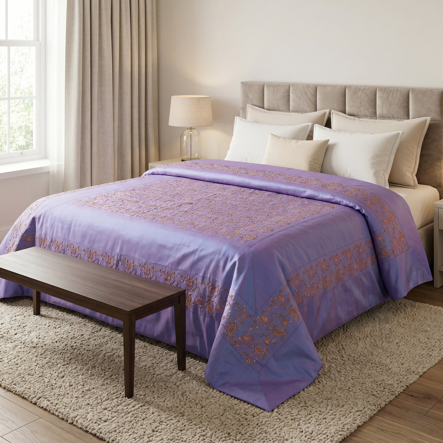Royal Lavender Embroidered Silk Bedcover Set