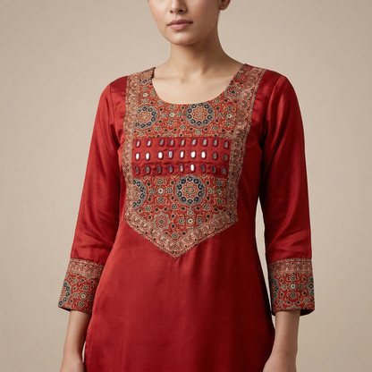 Elegant Rust Silk Embroidered Kurti