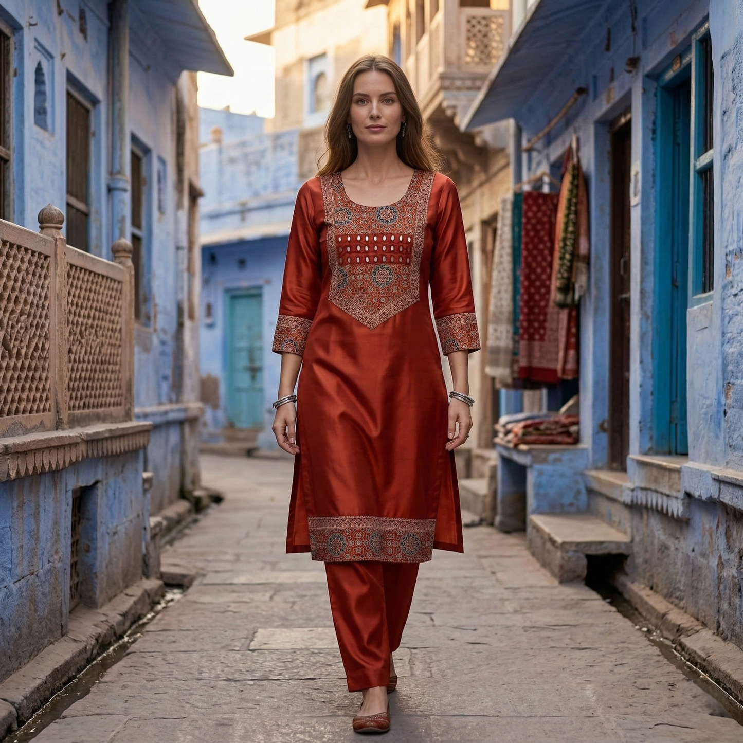 Elegant Rust Silk Embroidered Kurti