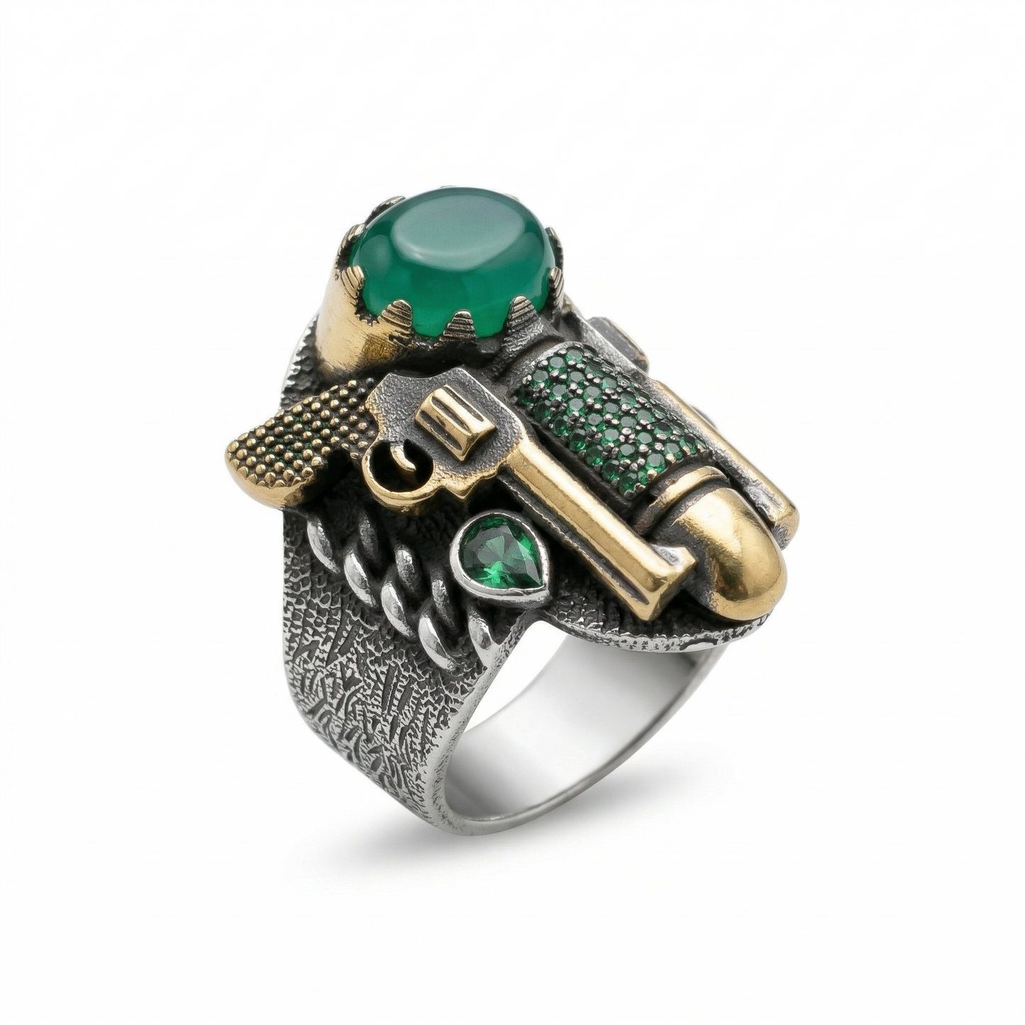 Emerald Revolver Ornate Silver Men's Ring