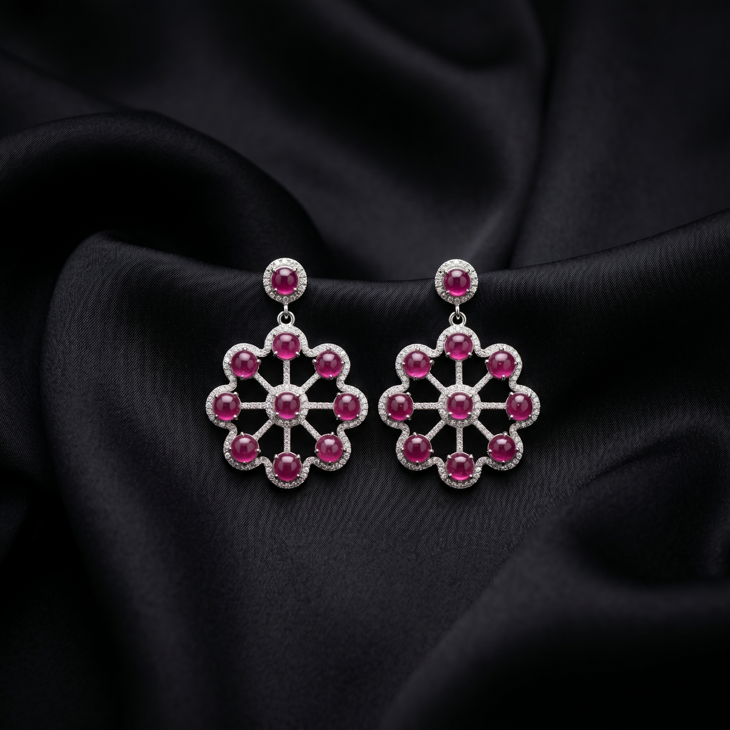 Ruby Floral Wheel 925 Silver Earrings