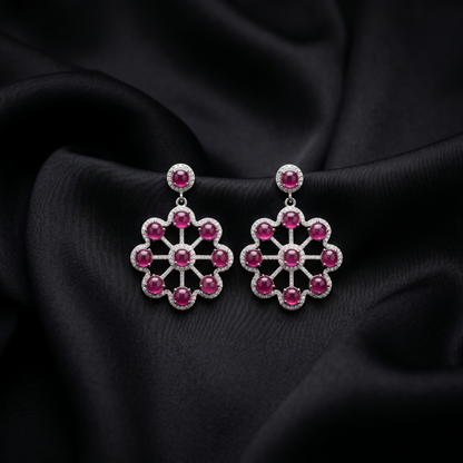 Ruby Floral Wheel 925 Silver Earrings