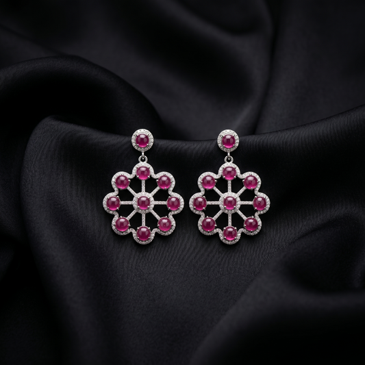 Ruby Floral Wheel 925 Silver Earrings