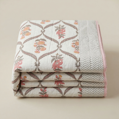 Handcrafted Floral Lattice Reversible Cotton Quilt